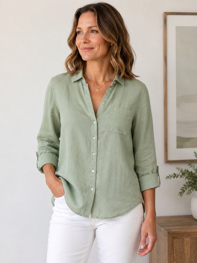 Sigrid Olsen Size Small 100% Linen Button Front Shirt In Sage Green
